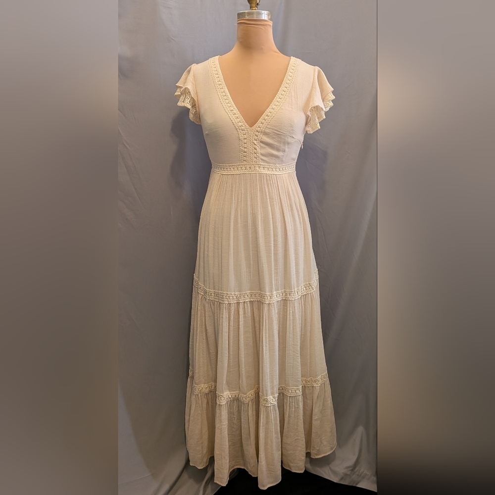 Crinkle Gauze Prairie Boho Cottagecore Beach Wedding Maxi Dress Tiered Skirt SM